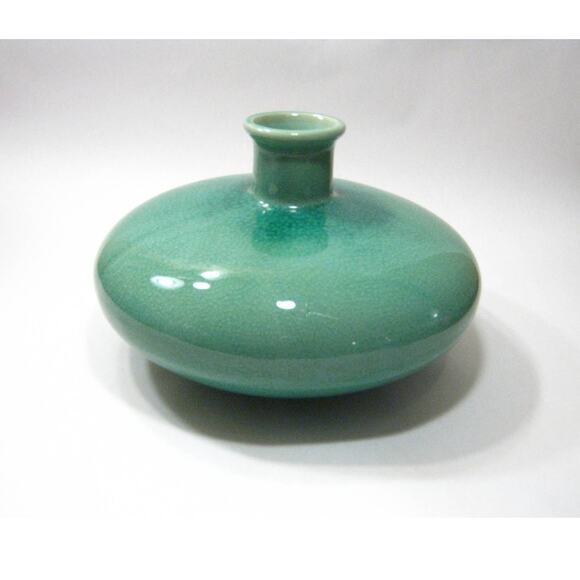 Contemporary Globe Sea Green Glazed Glass Vessel Vase Container Crackle Finish - Picture 4 of 6